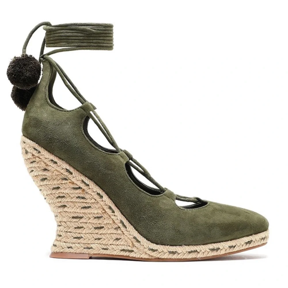 NWT TORY BURCH Wedge Tie-Up Espadrille Green Suede
